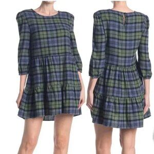 ABOUND 3/4 Sleeve Cotton Tiered Skirt Plaid Mini Dress